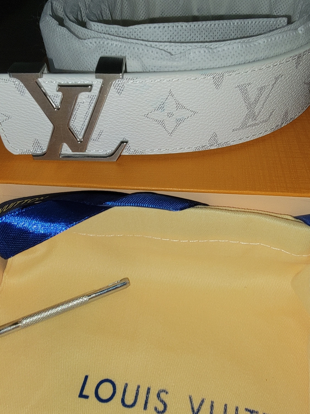Louis Vuitton White Monogram LV Belt with Silver LV Buckle